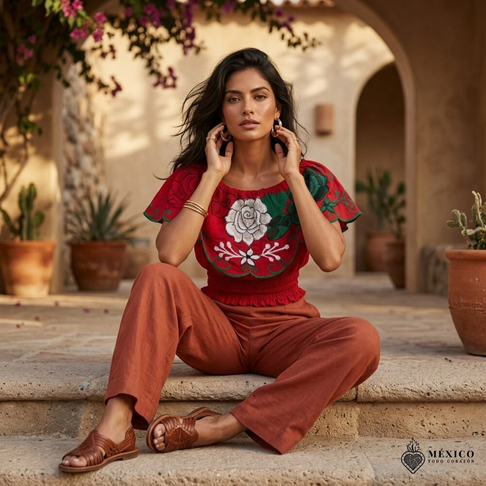 Multicolor red Mexican Chiapas Blouse  Elastic Bodice TraditionalTop XS/S/M